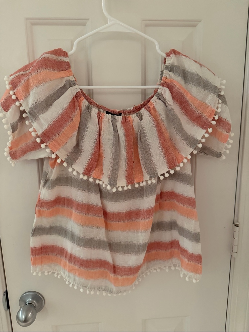 Very J Peach and Gray Striped Off-Shoulder Pom-Pom Top